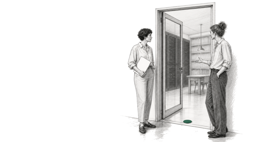 Due professioniste si confrontano davanti a una porta aperta; oltre la soglia sono visibili un datacenter e una biblioteca, mentre un piccolo marcatore verde indica il punto in cui fermarsi e valutare.