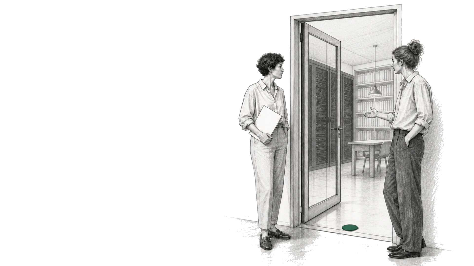 Due professioniste si confrontano davanti a una porta aperta; oltre la soglia sono visibili un datacenter e una biblioteca, mentre un piccolo marcatore verde indica il punto in cui fermarsi e valutare.